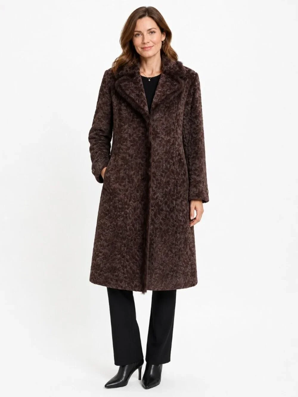Olsen Europe Brown Jacquard Rabbit Fur Trim Coat